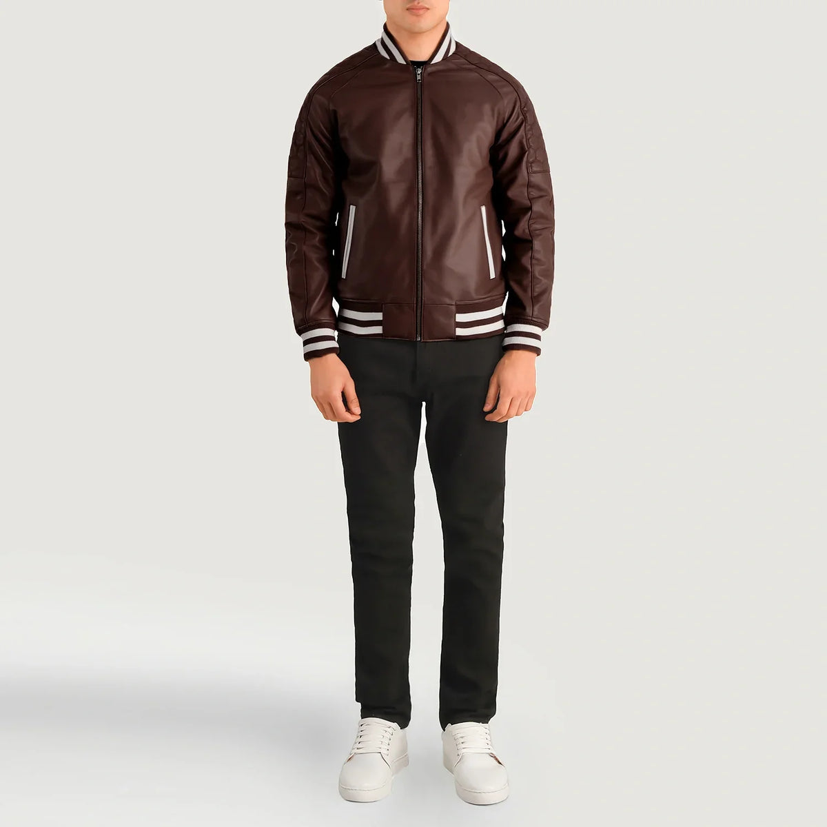 Pascal マルーン Leather Varsity レザージャケット メンズ - Lateral Side Profile View Showing Sleeve Cut &amp; Athletic Taper Fit