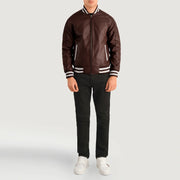 Pascal マルーン Leather Varsity レザージャケット メンズ - Lateral Side Profile View Showing Sleeve Cut &amp; Athletic Taper Fit