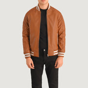 Pascal タン ブラウン Leather Varsity レザージャケット メンズ in Tan Brown Sheepskin Leather - Front Profile View &amp; Tailored Silhouette | Buy Online