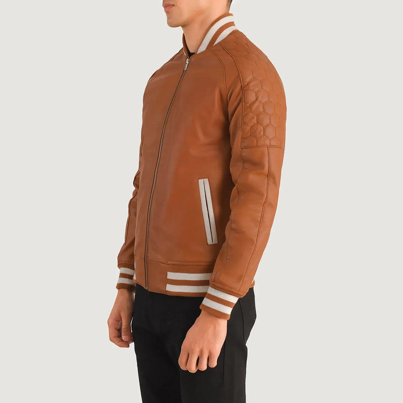 Pascal タン ブラウン Leather Varsity レザージャケット メンズ