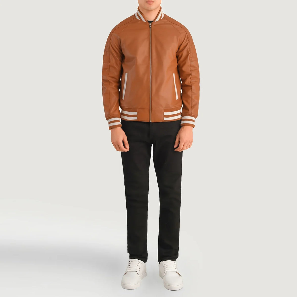 Pascal タン ブラウン Leather Varsity レザージャケット メンズ - Lateral Side Profile View Showing Sleeve Cut &amp; Athletic Taper Fit