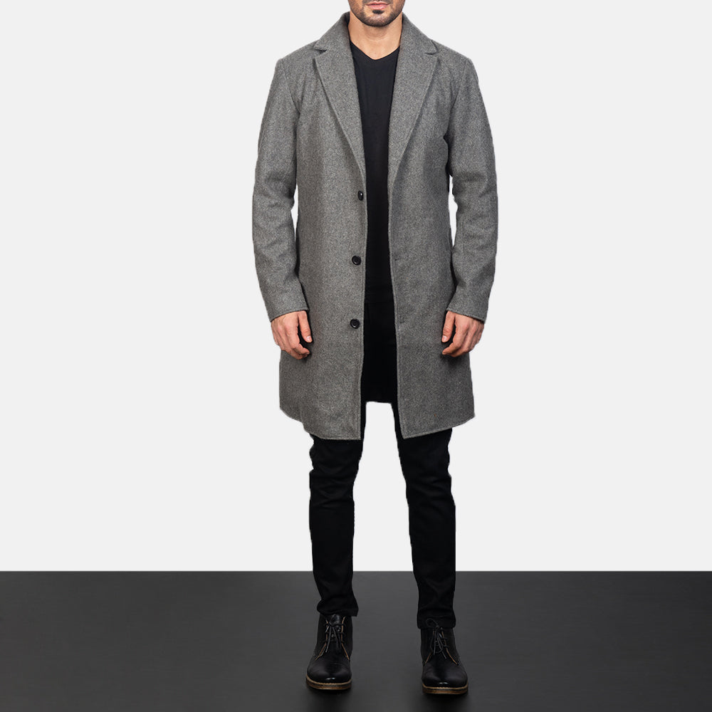 
クローズアップ詳細 of Notch & Button Hardware on Petrillo グレー Wool Single Breasted レザーコート メンズ