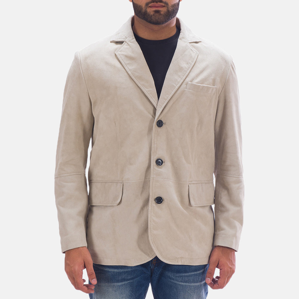 Men's Professor By Day Suede レザーテーラードブレザー メンズ in Off White (Greyish) Goatskin Suede - Front Profile View &amp; Tailored Silhouette | Buy Online