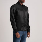 
Black Satin Bomber Jacket - 美しい肩のラインと裾の仕立てが際立つ背面ビュー