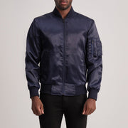 Quinton MA-1 ブルー レザーボンバージャケット メンズ in Blue Satin - Front Profile View &amp; Tailored Silhouette | Buy Online
