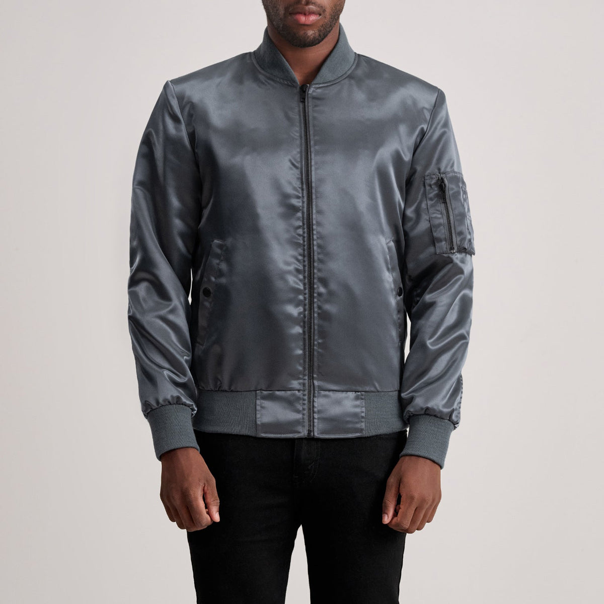 Quinton MA-1 Grey レザーボンバージャケット メンズ in Grey Satin - Front Profile View &amp; Tailored Silhouette | Buy Online