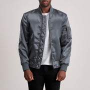 Quinton MA-1 Grey レザーボンバージャケット メンズ - Lateral Side Profile View Showing Sleeve Cut &amp; Athletic Taper Fit