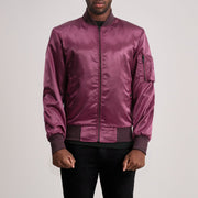 Quinton MA-1 マルーン レザーボンバージャケット メンズ in Maroon Satin - Front Profile View &amp; Tailored Silhouette | Buy Online
