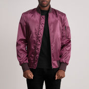 Quinton MA-1 マルーン レザーボンバージャケット メンズ - Lateral Side Profile View Showing Sleeve Cut &amp; Athletic Taper Fit