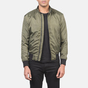 Men's Ramon グリーン レザーボンバージャケット メンズ in Green Nylon - Front Profile View &amp; Tailored Silhouette | Buy Online