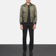Men's Ramon グリーン レザーボンバージャケット メンズ - Lateral Side Profile View Showing Sleeve Cut &amp; Athletic Taper Fit
