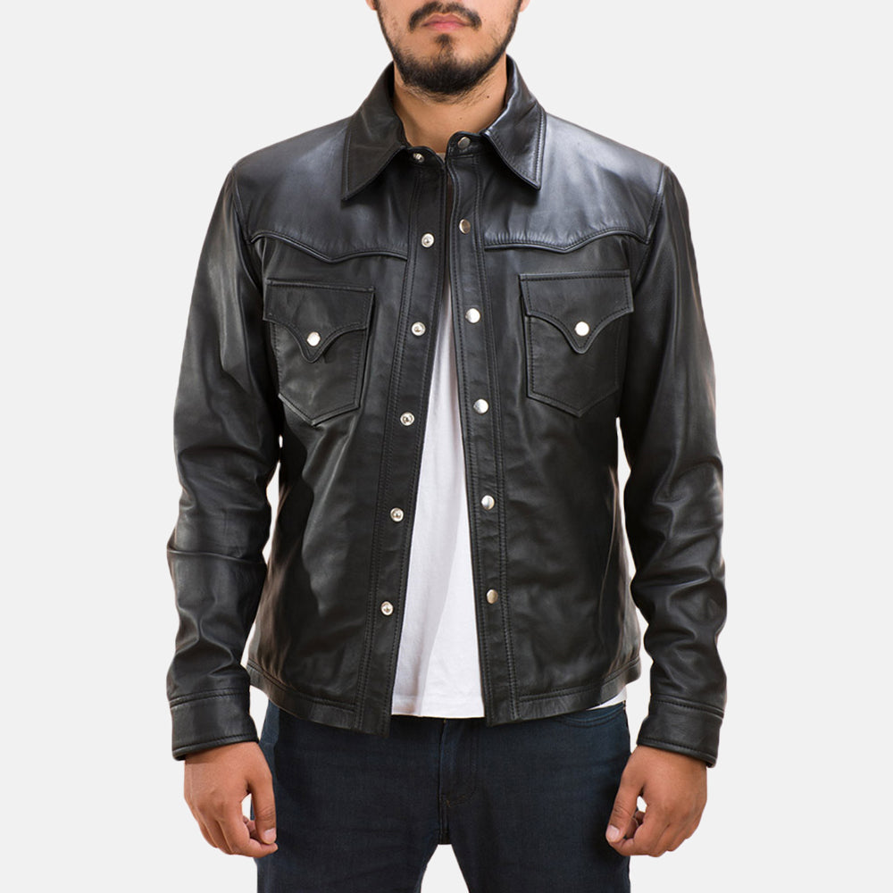 Men's Ranchson ブラック Leather Shirt メンズ in Black Sheepskin Leather - Front Profile View &amp; Tailored Silhouette | Buy Online