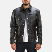 Men's Ranchson ブラック Leather Shirt メンズ in Black Sheepskin Leather - Front Profile View &amp; Tailored Silhouette | Buy Online