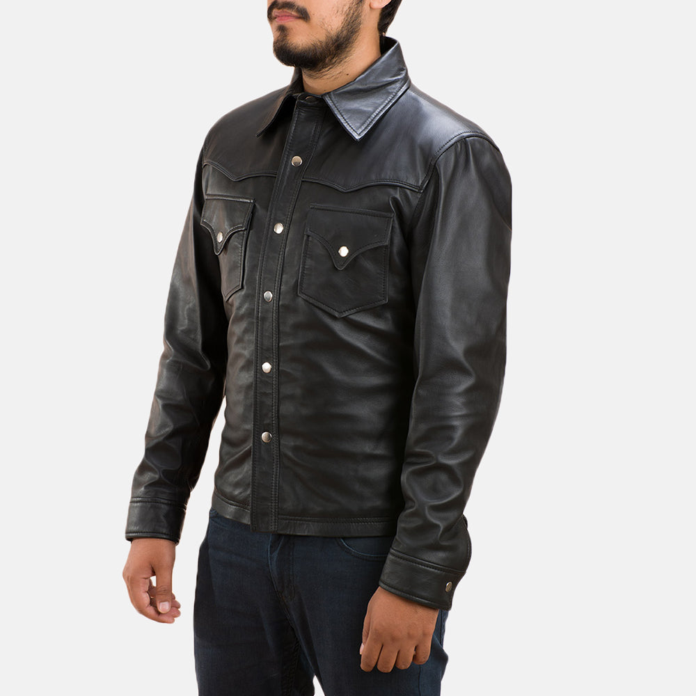 Men's Ranchson ブラック Leather Shirt メンズ - Lateral Side Profile View Showing Sleeve Cut &amp; Athletic Taper Fit
