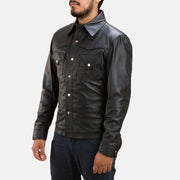 Men's Ranchson ブラック Leather Shirt メンズ - Lateral Side Profile View Showing Sleeve Cut &amp; Athletic Taper Fit