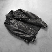 Button &amp; Hem Craftsmanship Construction Detail on Men's Ranchson ブラック Leather Shirt メンズ