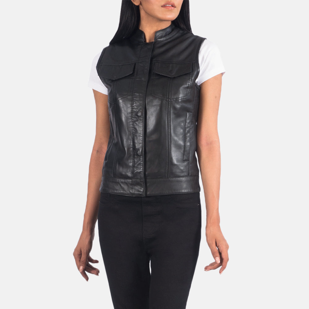 
クローズアップ詳細 of Band & Zipper Hardware on Rayne Moto ブラック レザーベスト レディース