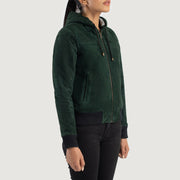 
Green Goatskin Suede Bomber Jacket - 美しい肩のラインと裾の仕立てが際立つ背面ビュー
