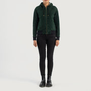 
Rebella Green Hooded Suede Bomber Jacket - 袖の立体カッティングと洗練されたテーパードフィットを見せる側面ビュー