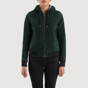 
クローズアップ詳細 of Hooded & Zipper Hardware on Rebella Green Hooded Suede Bomber Jacket