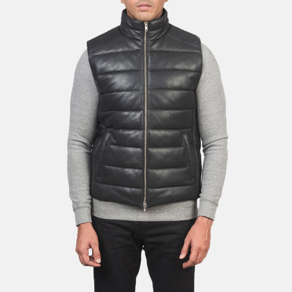 
クローズアップ詳細 of Classic Collar & Zipper with Dual Puller Hardware on Reeves ブラック Leather パファーベスト メンズ