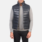 Men's Reeves ブルー Leather Puffer Vest メンズ in Blue Sheepskin Leather - Front Profile View &amp; Tailored Silhouette | Buy Online