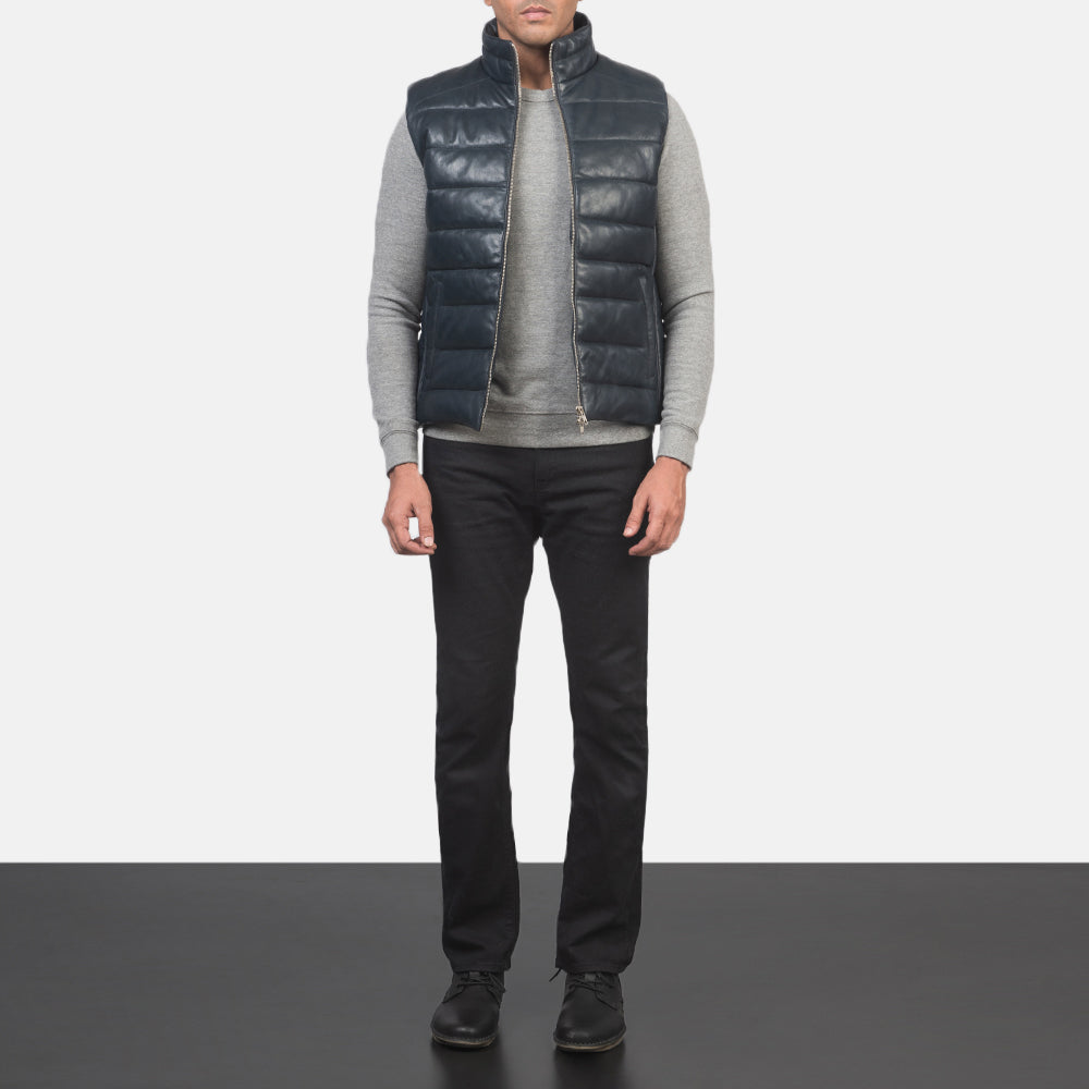 Men's Reeves ブルー Leather Puffer Vest メンズ - Lateral Side Profile View Showing Sleeve Cut &amp; Athletic Taper Fit