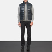 Men's Reeves ブルー Leather Puffer Vest メンズ - Lateral Side Profile View Showing Sleeve Cut &amp; Athletic Taper Fit