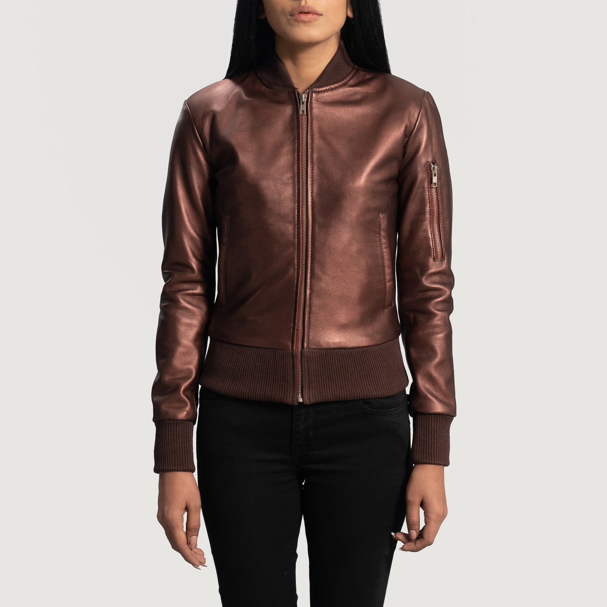 Women's Reida マルーン レザーボンバージャケット レディース in Maroon Sheepskin Leather - Front Profile View &amp; Tailored Silhouette | Buy Online