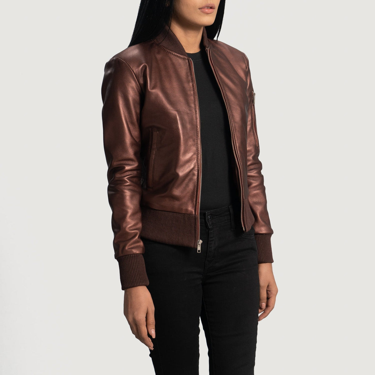 Women's Reida マルーン レザーボンバージャケット レディース - Lateral Side Profile View Showing Sleeve Cut &amp; Athletic Taper Fit