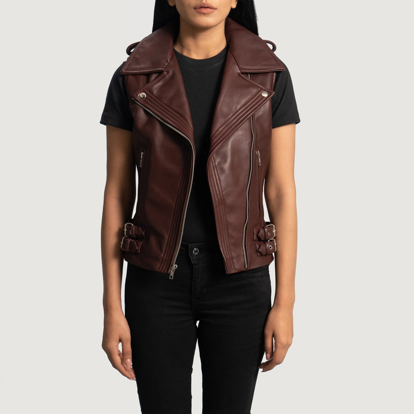 Rhonda マルーン Leather Biker Vest レディース