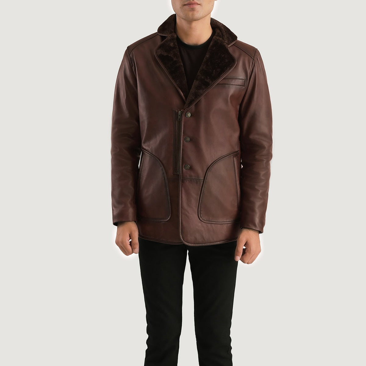 Men's Rocky ブラウン Fur レザーコート メンズ in Distressed Brown Sheepskin Burnishing - Front Profile View &amp; Tailored Silhouette | Buy Online