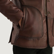 Men's Rocky ブラウン Fur レザーコート メンズ - Lateral Side Profile View Showing Sleeve Cut &amp; Athletic Taper Fit