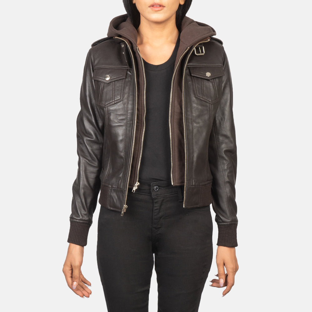 
Roslyn Brown Hooded Leather Bomber Jacket in Brown Sheepskin Leather - 正面スタイル＆テーラードシルエット | 公式オンライン通販