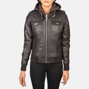 
クローズアップ詳細 of High Neck with Belt & Zipper Hardware on Roslyn Brown Hooded Leather Bomber Jacket
