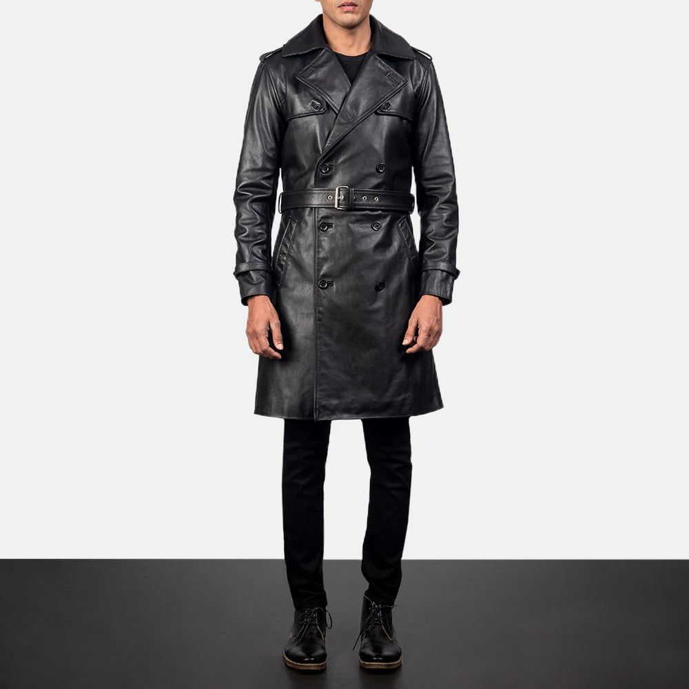 Men's Royson ブラック Leather Duster レザーコート メンズ in Black Cowhide Leather - Front Profile View &amp; Tailored Silhouette | Buy Online