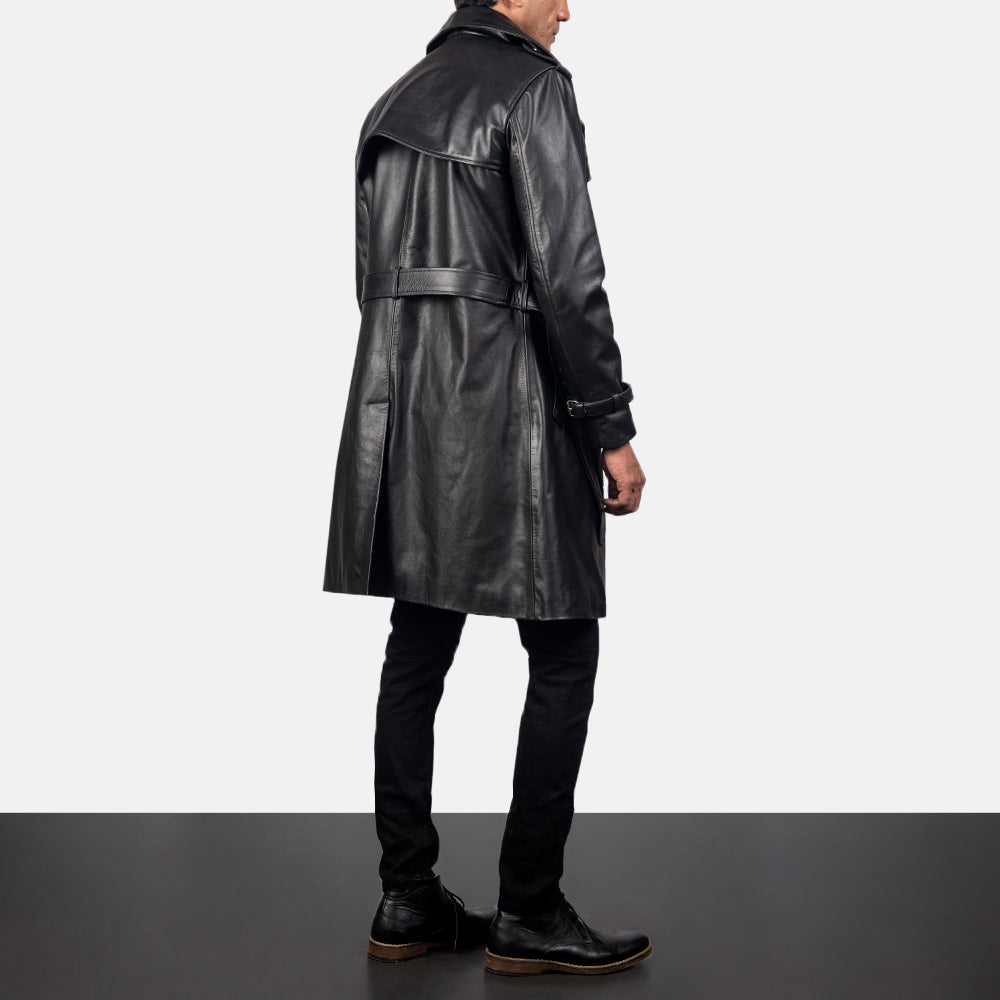 Men's Royson ブラック Leather Duster レザーコート メンズ - Lateral Side Profile View Showing Sleeve Cut &amp; Athletic Taper Fit