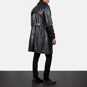 Men's Royson ブラック Leather Duster レザーコート メンズ - Lateral Side Profile View Showing Sleeve Cut &amp; Athletic Taper Fit