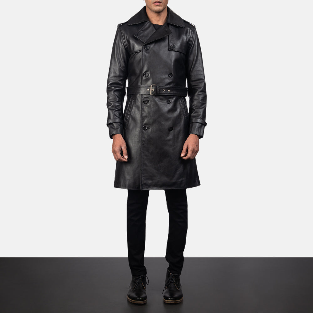 Close-Up Detail of Shirt &amp; Heavy-Duty Zipper Hardware on Men's Royson ブラック Leather Duster レザーコート メンズ
