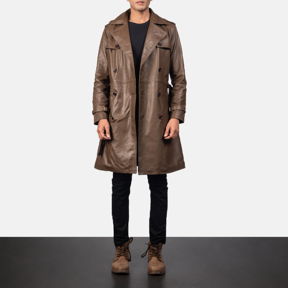 
クローズアップ詳細 of Shirt & Heavy-Duty Zipper Hardware on Royson ブラウン Leather Duster レザーコート メンズ