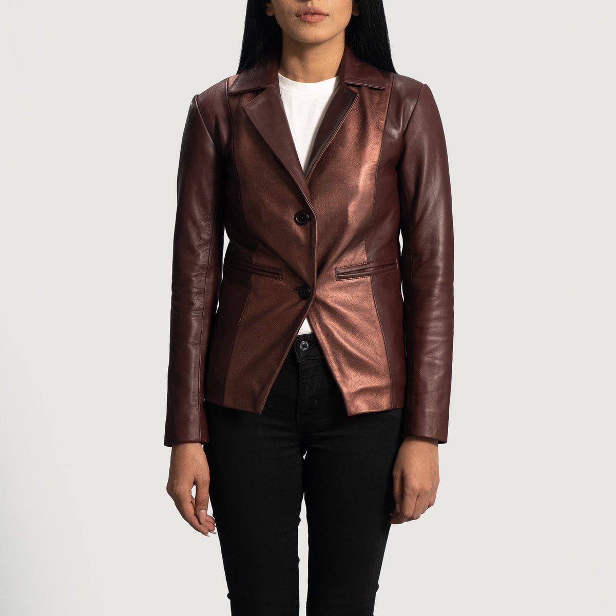 Women's Ruby Metallic マルーン レザーテーラードブレザー レディース in Maroon Sheepskin Leather - Front Profile View &amp; Tailored Silhouette | Buy Online