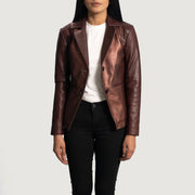 Women's Ruby Metallic マルーン レザーテーラードブレザー レディース - Lateral Side Profile View Showing Sleeve Cut &amp; Athletic Taper Fit