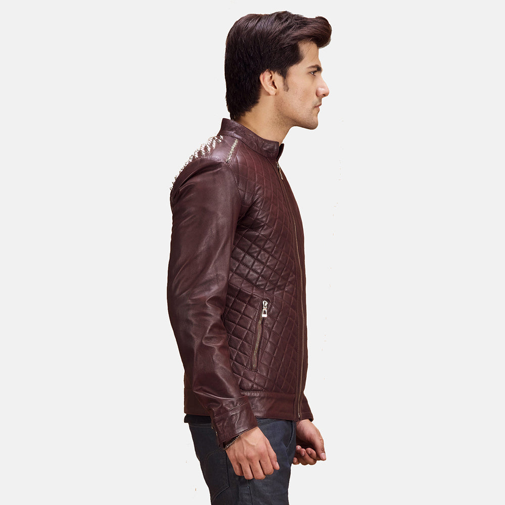 
Maroon Sheepskin Leather Biker Jacket - 美しい肩のラインと裾の仕立てが際立つ背面ビュー