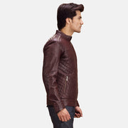 
Maroon Sheepskin Leather Biker Jacket - 美しい肩のラインと裾の仕立てが際立つ背面ビュー