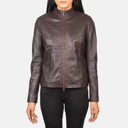 
クローズアップ詳細 of Mandarin & Zipper with Dual Puller Hardware on Rumella Maroon Leather Biker Jacket