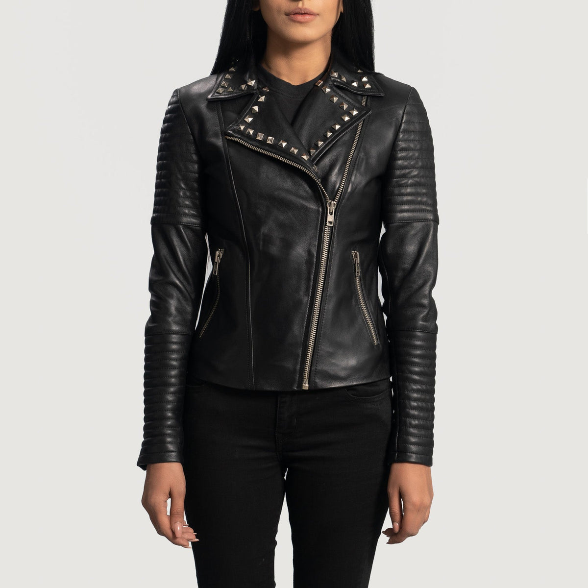 Women's Sally Mae Studded ブラック レザーライダースジャケット レディース in Black Sheepskin Leather - Front Profile View &amp; Tailored Silhouette | Buy Online