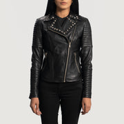Women's Sally Mae Studded ブラック レザーライダースジャケット レディース in Black Sheepskin Leather - Front Profile View &amp; Tailored Silhouette | Buy Online