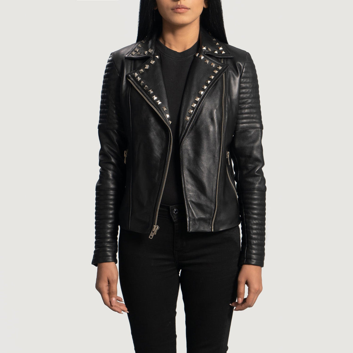 Women's Sally Mae Studded ブラック レザーライダースジャケット レディース - Lateral Side Profile View Showing Sleeve Cut &amp; Athletic Taper Fit