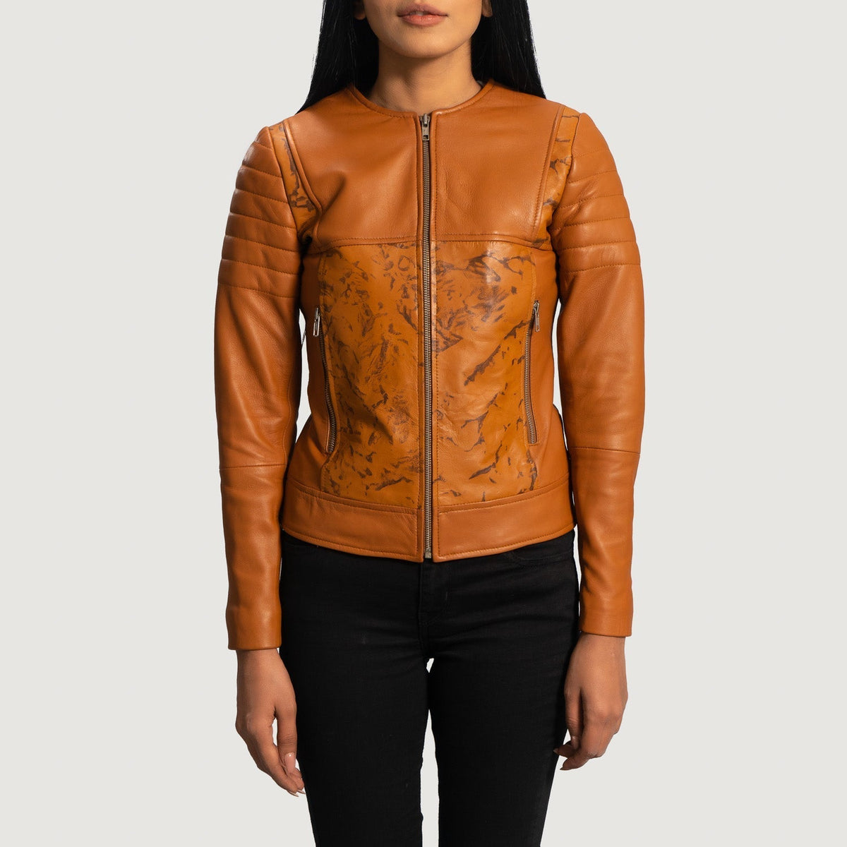 Women's Sandy タン Dye レザーライダースジャケット レディース in Tan Brown Sheepskin Dip &amp;Amp; Dye - Front Profile View &amp; Tailored Silhouette | Buy Online