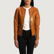 Women's Sandy タン Dye レザーライダースジャケット レディース - Lateral Side Profile View Showing Sleeve Cut &amp; Athletic Taper Fit
